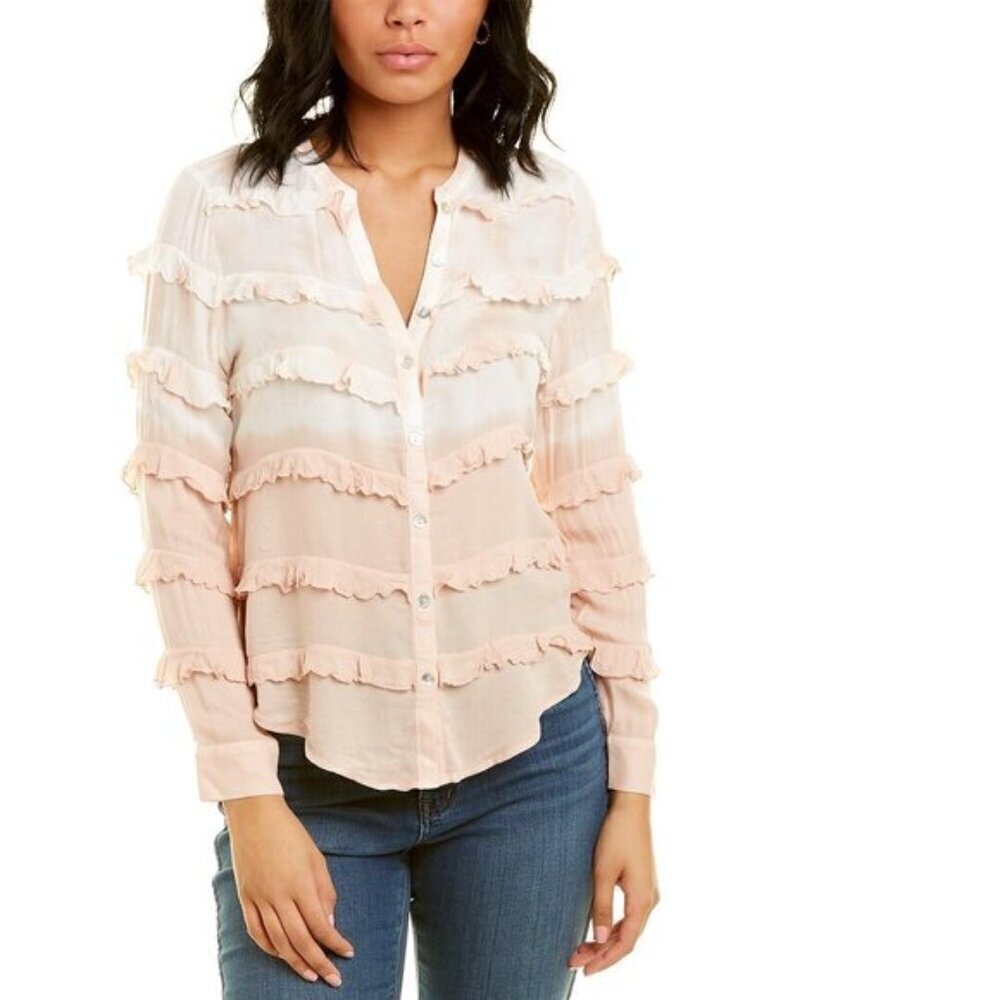 Chaser Gauze Ruffle Shirt Peach Cream Button Down V-neck LS Top Medium